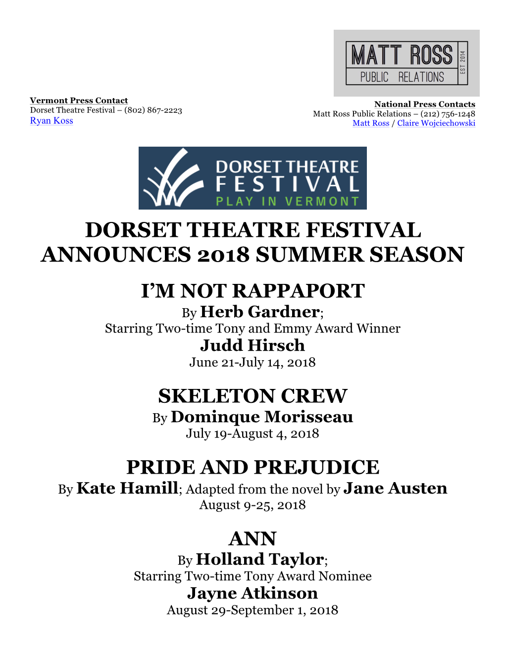 Dorset Theatre Festival Announces 2018 Summer Season