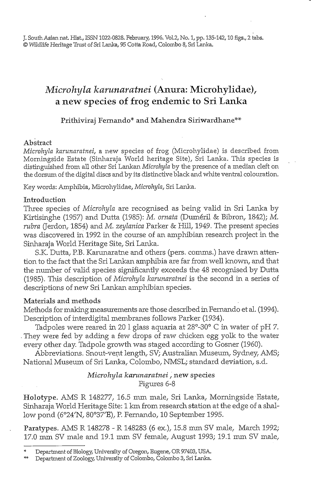 Microhyla Karunaratnei (Anura: Microhylidae), a New Species of Frog Endemic to Sri Lanka