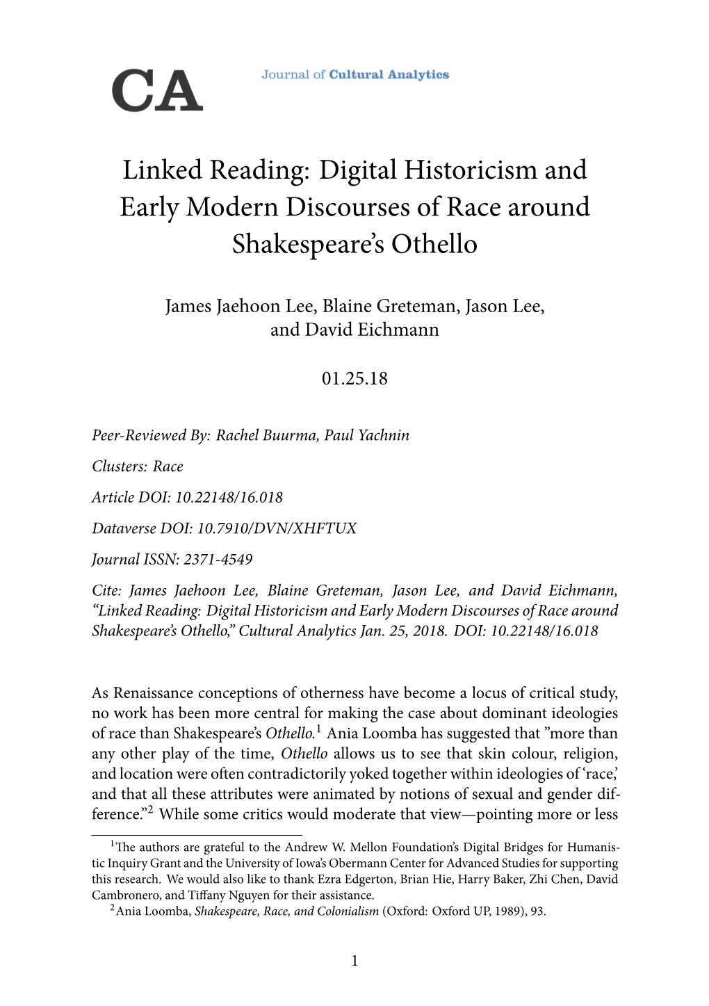 Digital Historicism and Early Modern Discourses of Race Around Shakespeare’S Othello