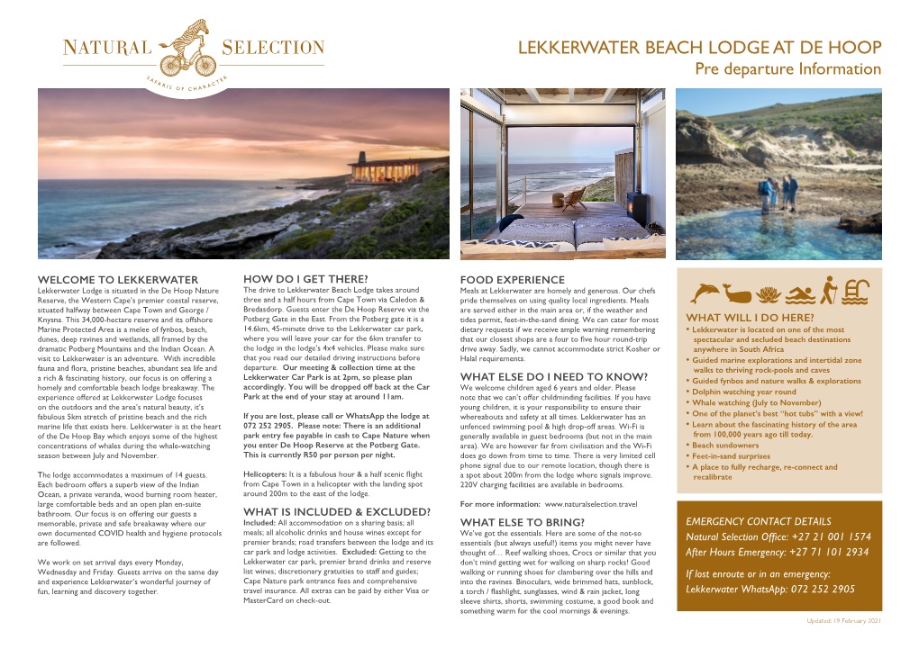 LEKKERWATER BEACH LODGE at DE HOOP Pre Departure Information