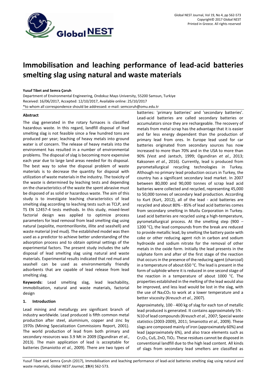 Immobilisation and Leaching Performance of Lead-Acid Batteries Smelting Slag Using Natural and Waste Materials