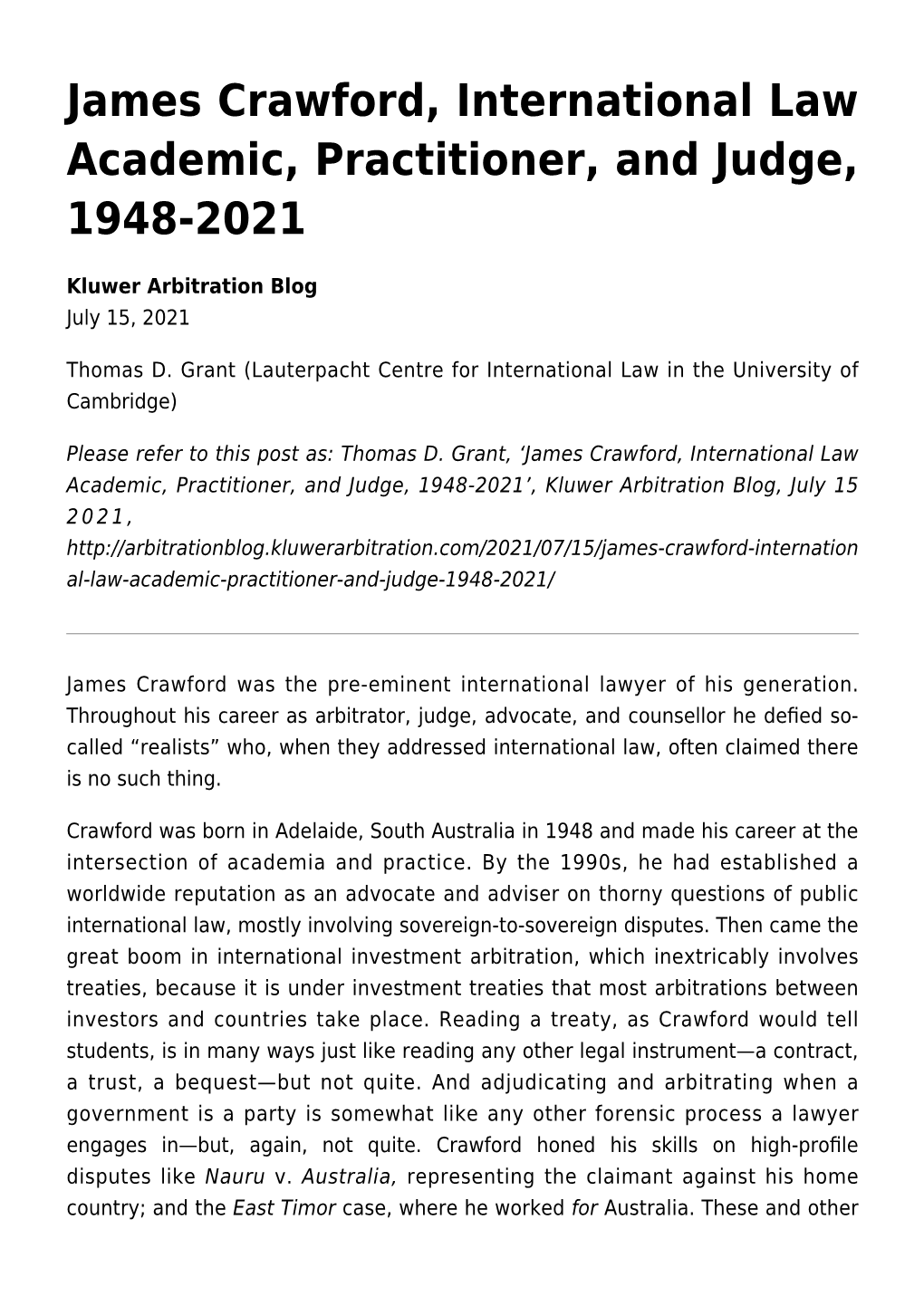 James Crawford, International Law Academic, Practitioner, and Judge, 1948-2021