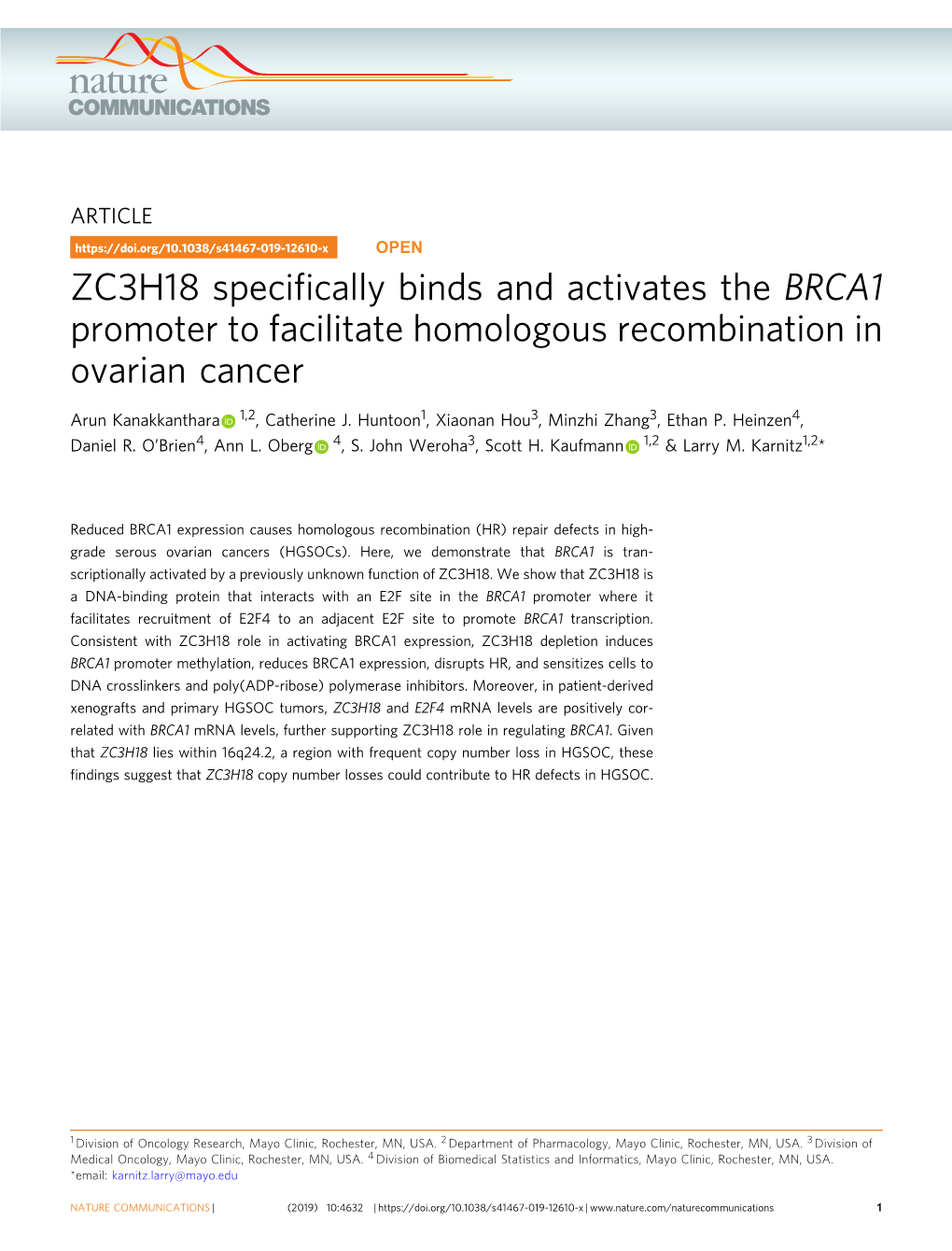 ZC3H18 Specifically Binds and Activates the BRCA1 Promoter To