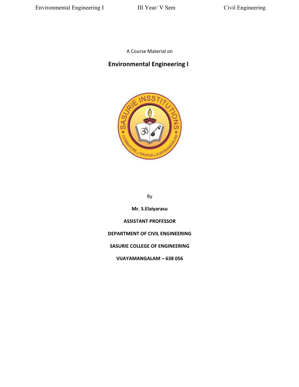 Environmental Engineering I III Year/ V Sem Civil Engineering