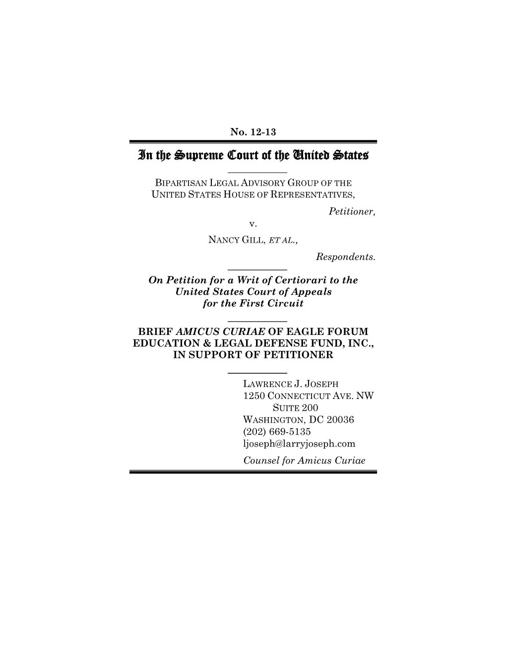 Eagle Forum Amicus Brief in Support of BLAG's Cert Petition