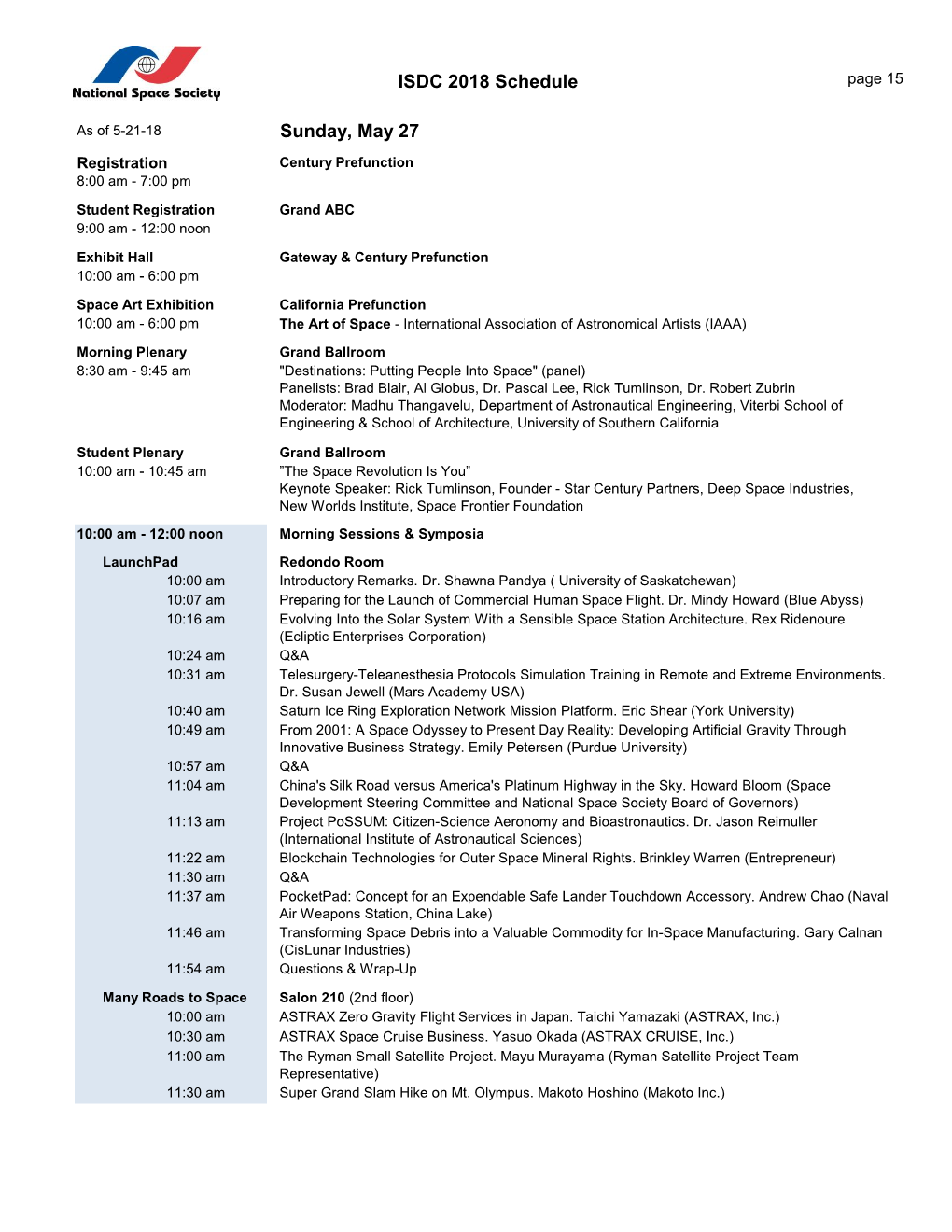 ISDC 2018 Schedule Sunday, May 27
