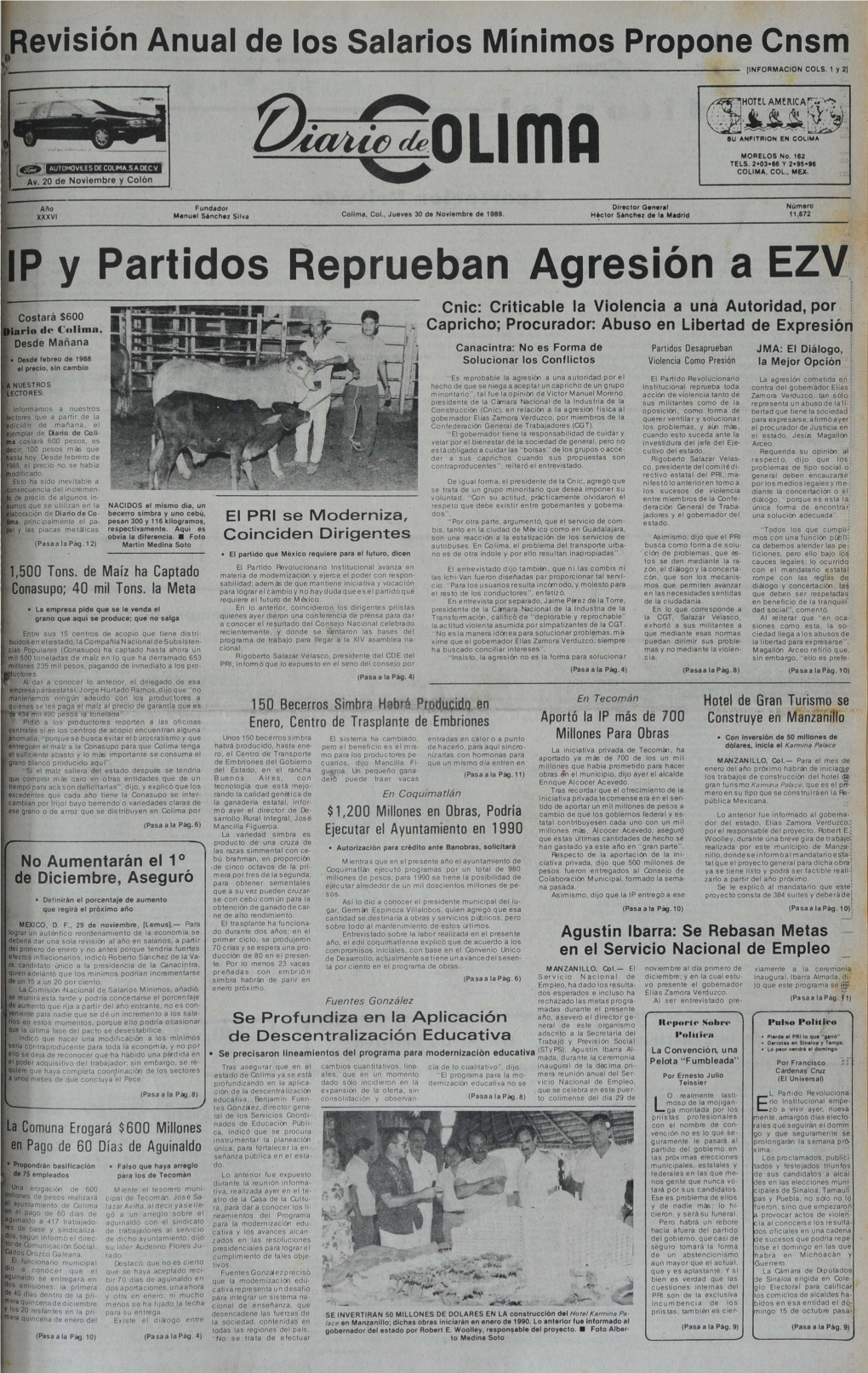 OL1~1A COLIMA, COL., MEX, Xxxviaño Manuel Fundadorsánchez Silva Colima, Col., Jueves 30 De Noviembre De 1989