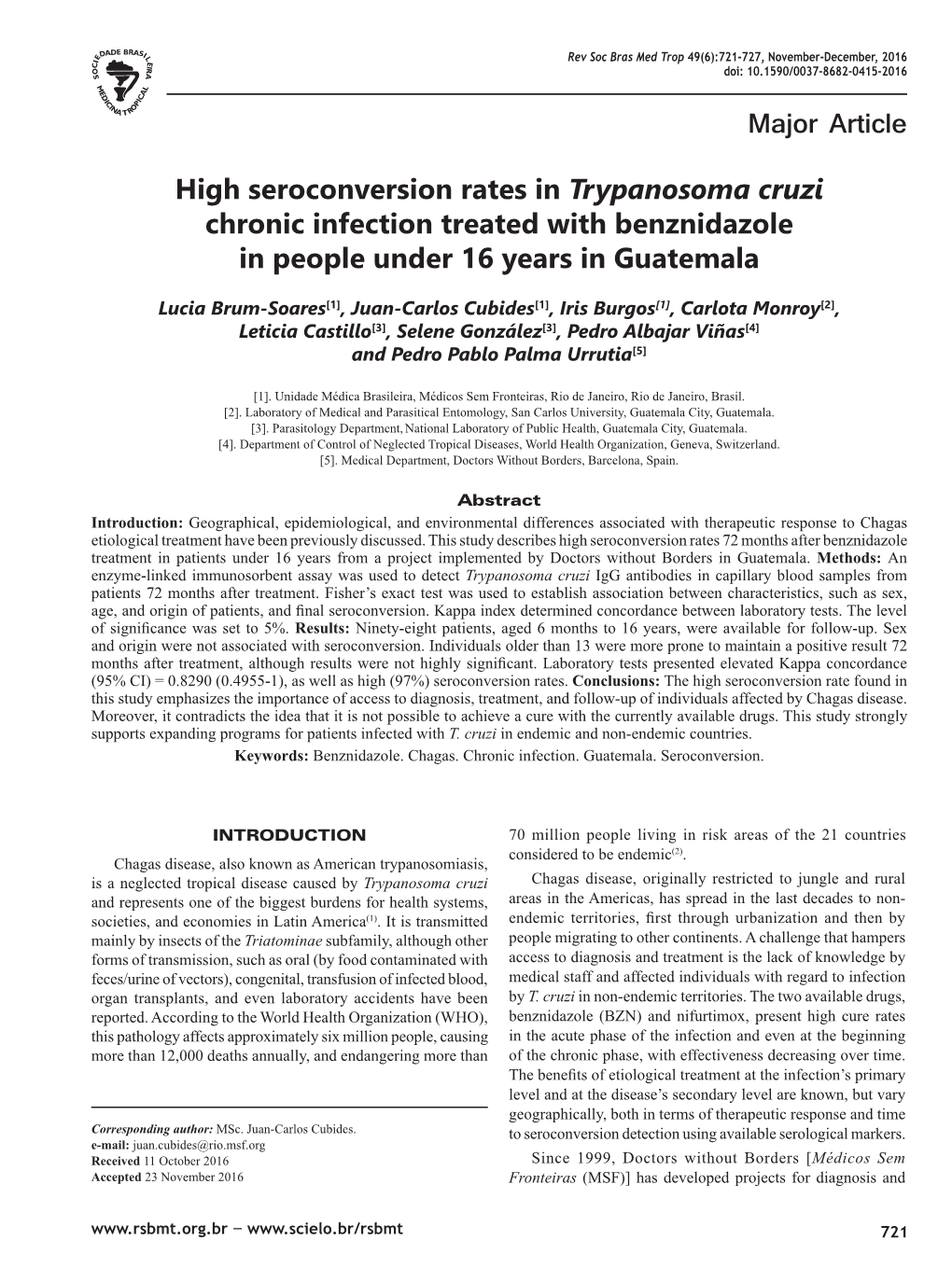 High Seroconversion Rates in Trypanosoma Cruzi Chronic Infection Treated with Benznidazole in People Under 16 Years in Guatemala