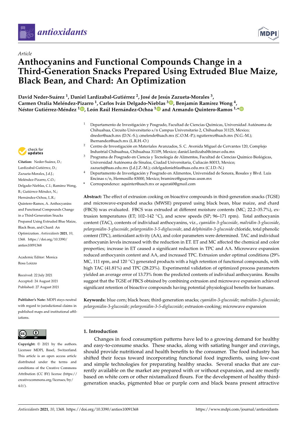 Anthocyanins and Functional Compounds Change in a Third-Generation Snacks Prepared Using Extruded Blue Maize, Black Bean, and Chard: an Optimization