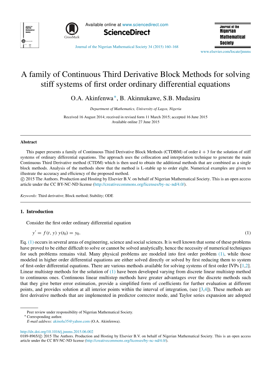 A Family of Continuous Third Derivative Block Methods for Solving Stiff Systems of First Order Ordinary Differential Equations