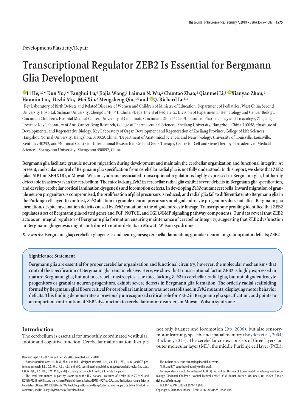 Transcriptional Regulator ZEB2 Is Essential for Bergmann Glia Development