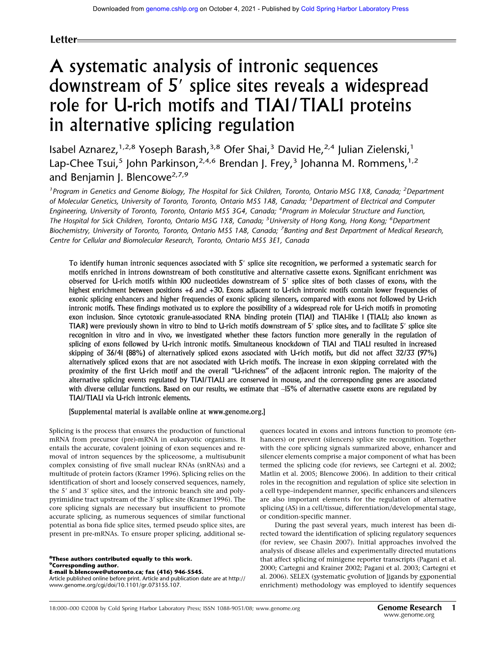 A Systematic Analysis of Intronic Sequences Downstream of 5 Splice