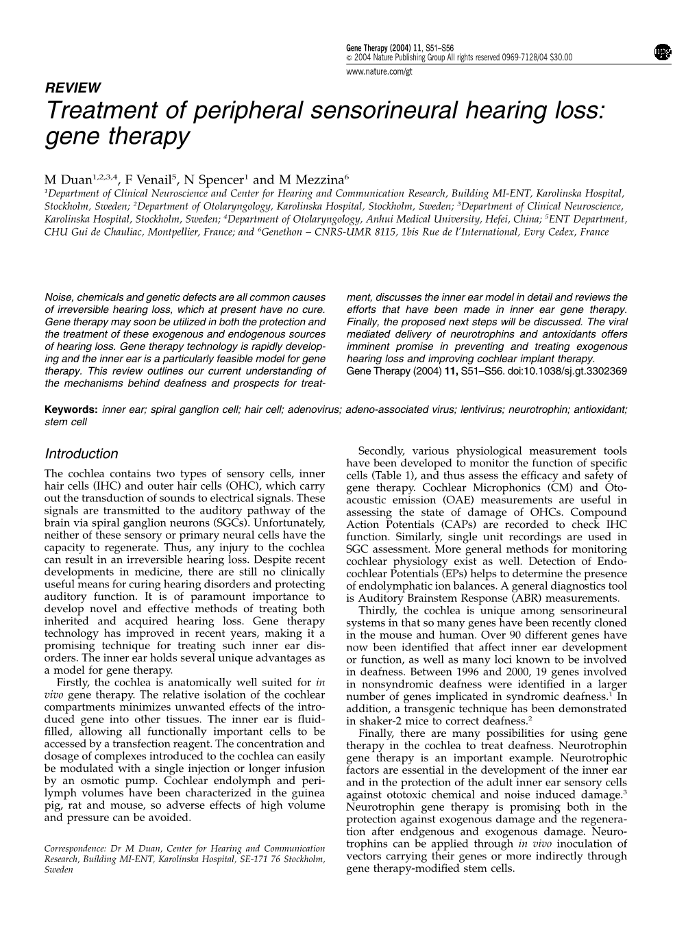 Treatment of Peripheral Sensorineural Hearing Loss: Gene Therapy