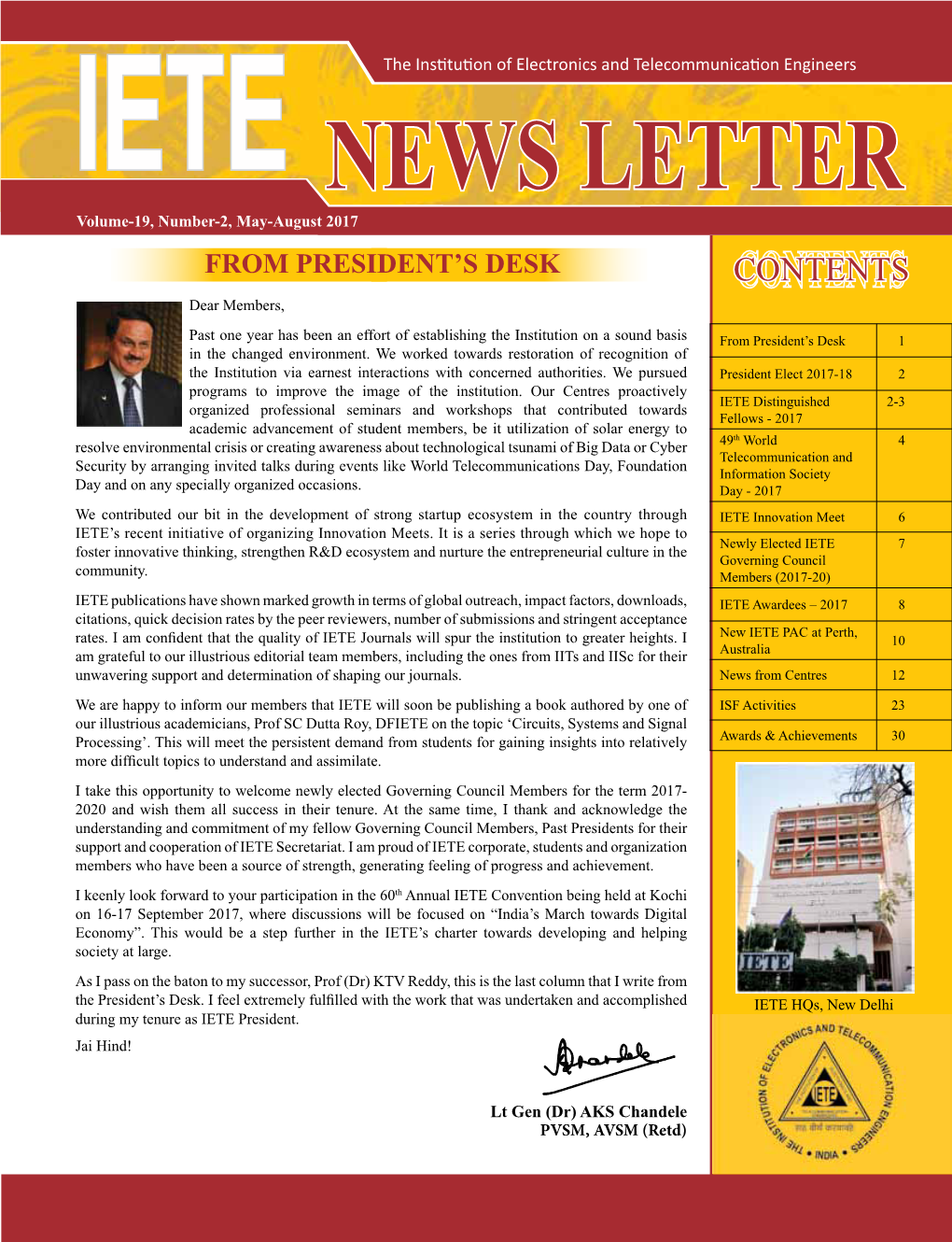IETE News Letter Volume-19, Number-2, May-August 2017 from President’S Desk Contents Dear Members