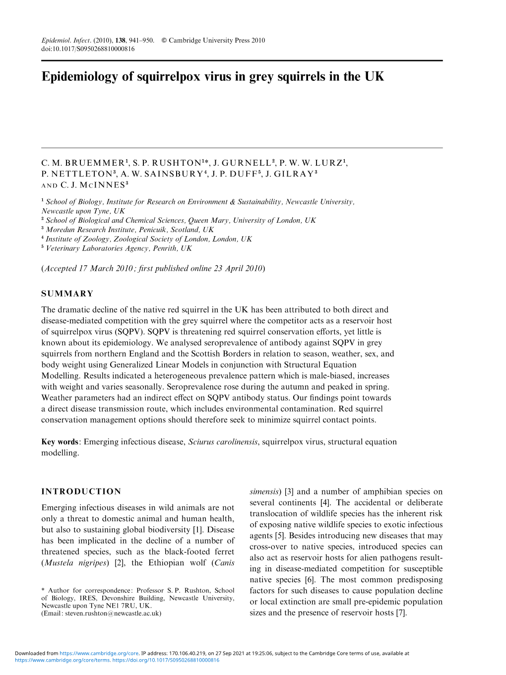 Epidemiology of Squirrelpox Virus in Grey Squirrels in the UK