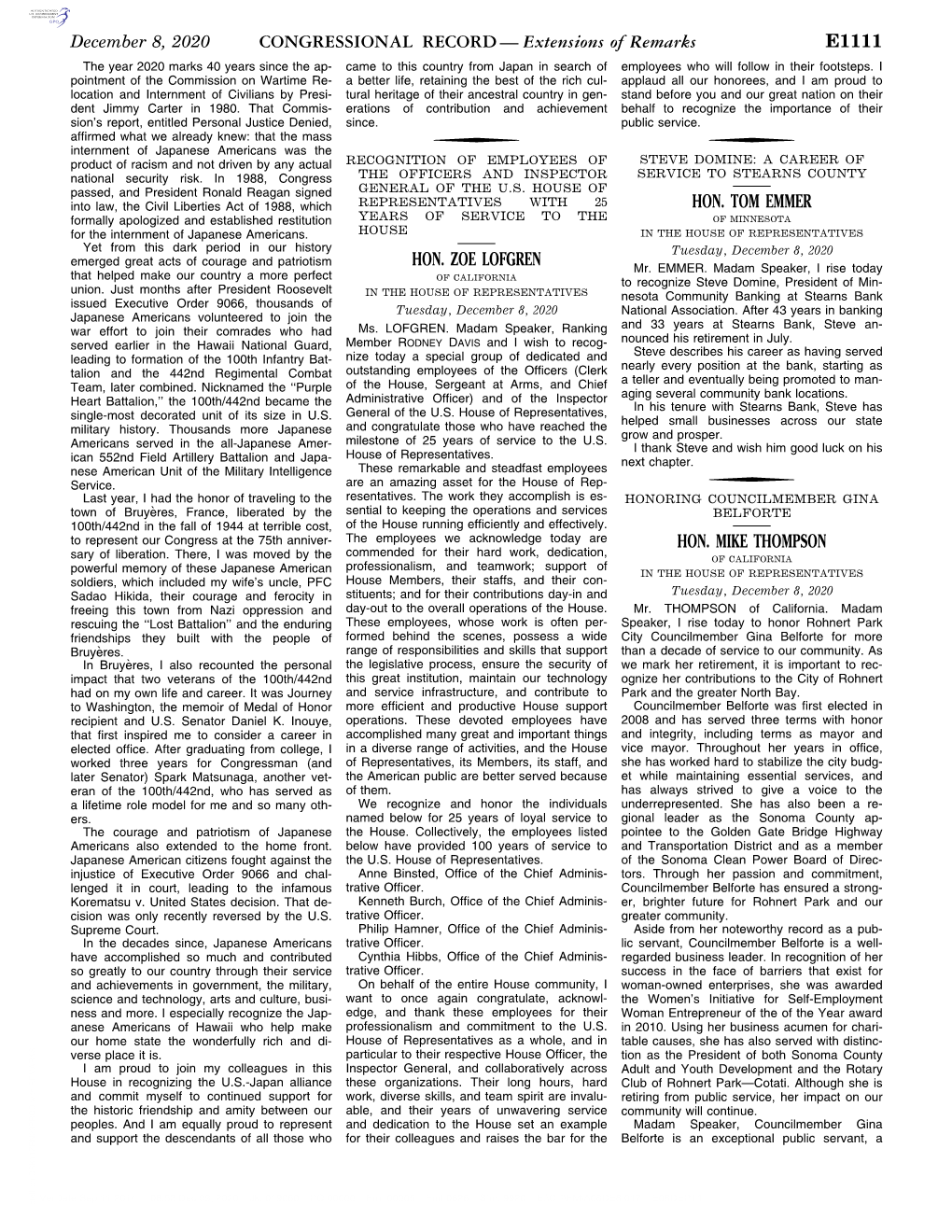 CONGRESSIONAL RECORD— Extensions of Remarks E1111 HON. ZOE LOFGREN HON. TOM EMMER HON. MIKE THOMPSON