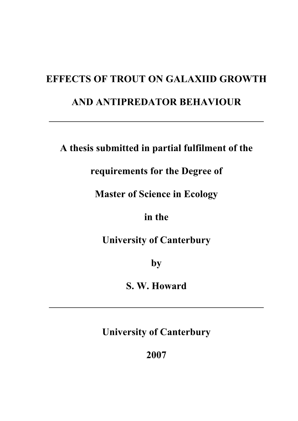 Effects of Trout on Galaxiid Growth and Antipredator