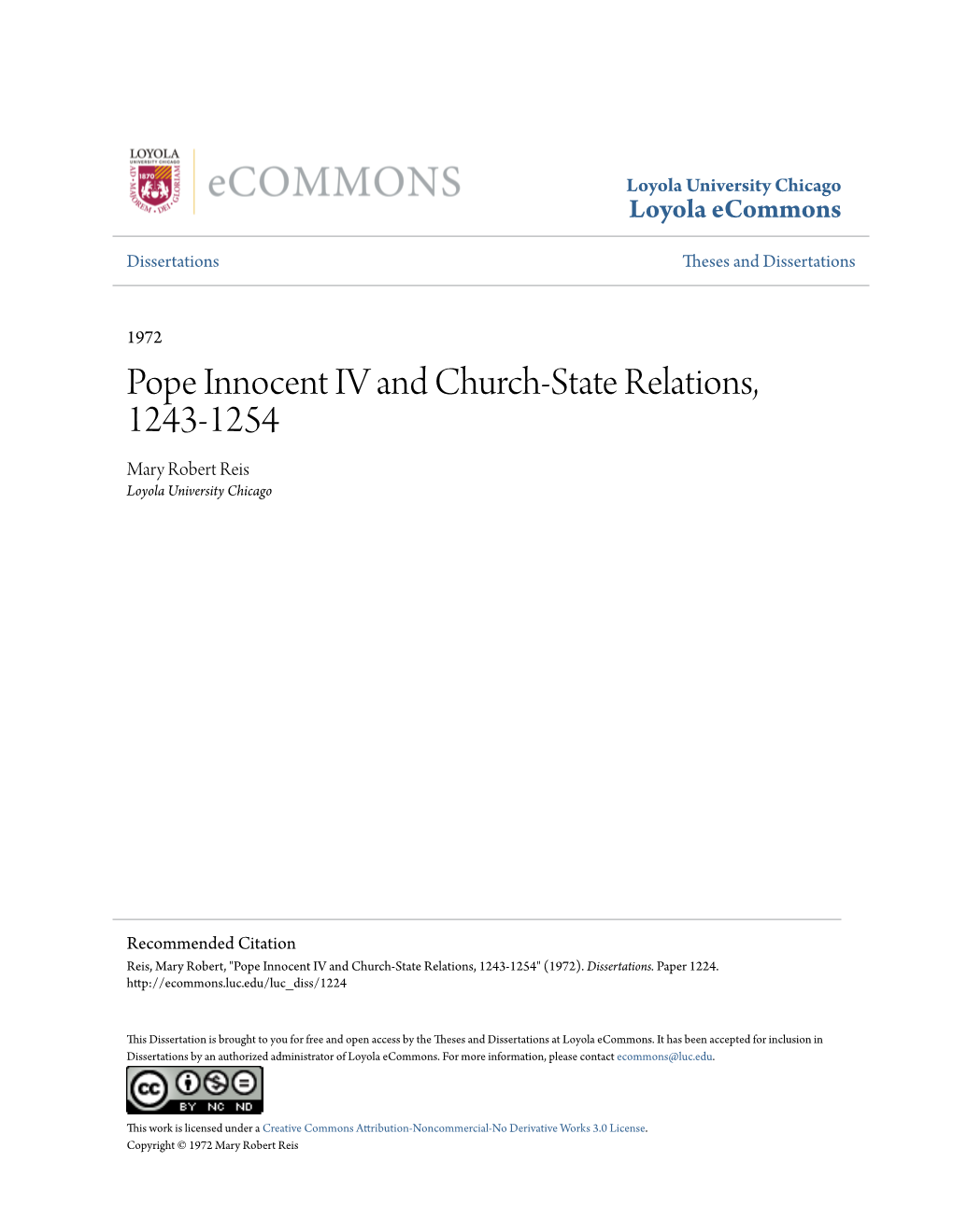 Pope Innocent IV and Church-State Relations, 1243-1254 Mary Robert Reis Loyola University Chicago