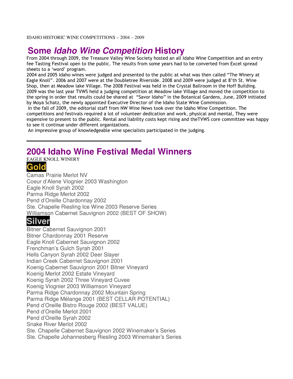 Some Idaho Wine Competition History 2004 Idaho Wine Festival Medal