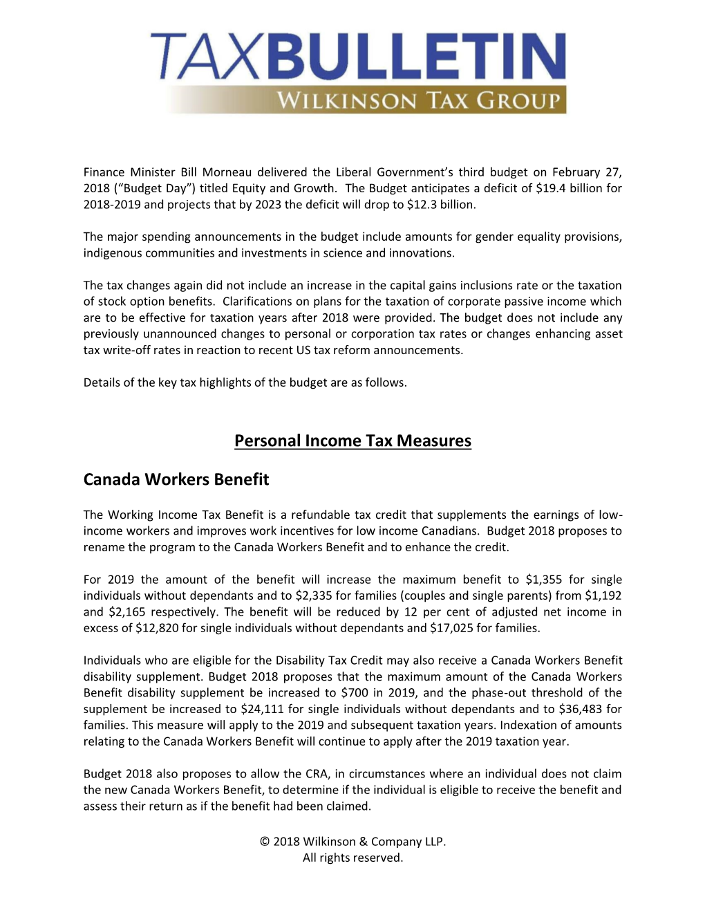 Personal Income Tax Measures Canada Workers Benefit