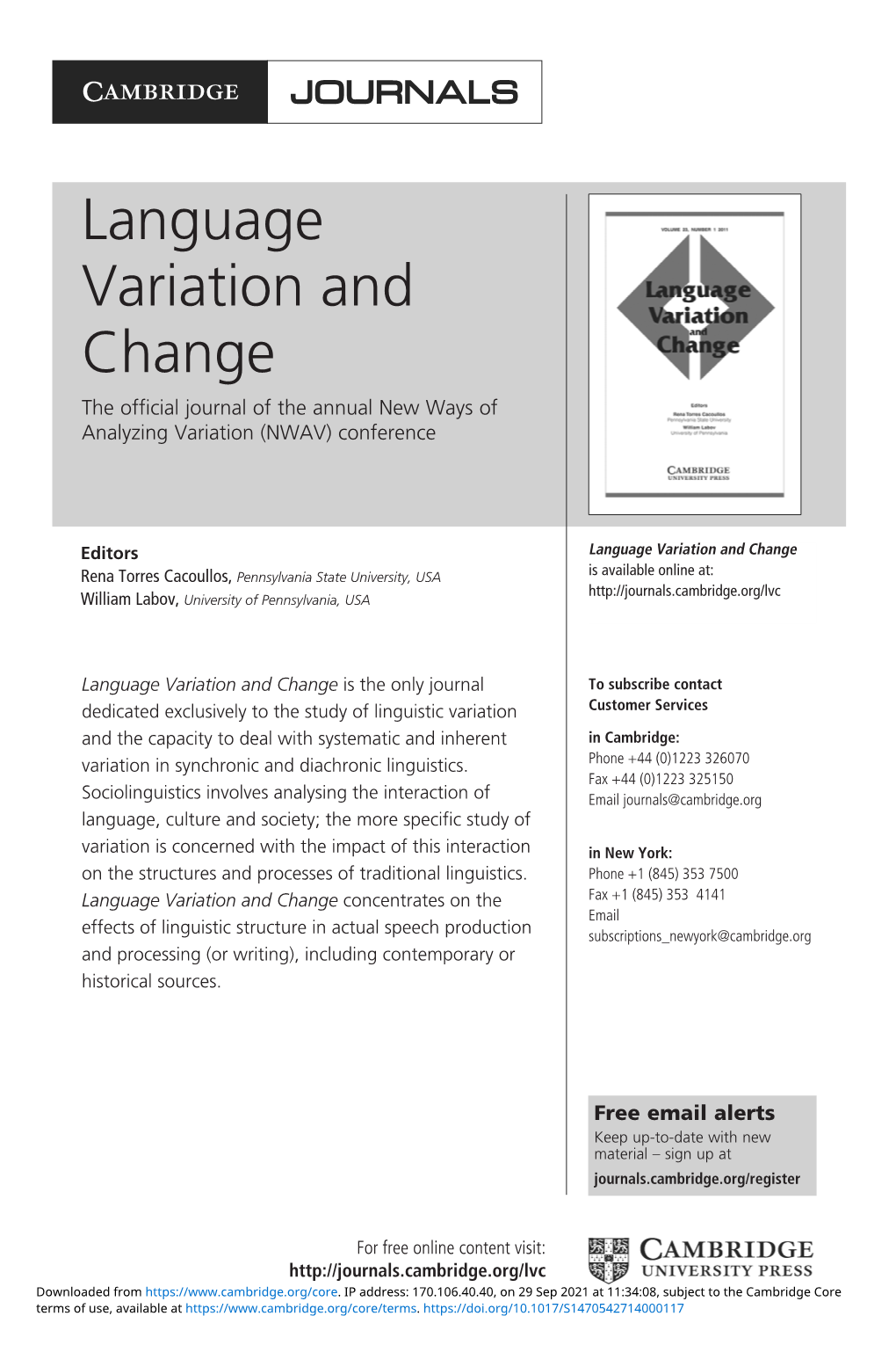 Language Variation and Change the Official Journal of the Annual New Ways of Analyzing Variation (NWAV) Conference