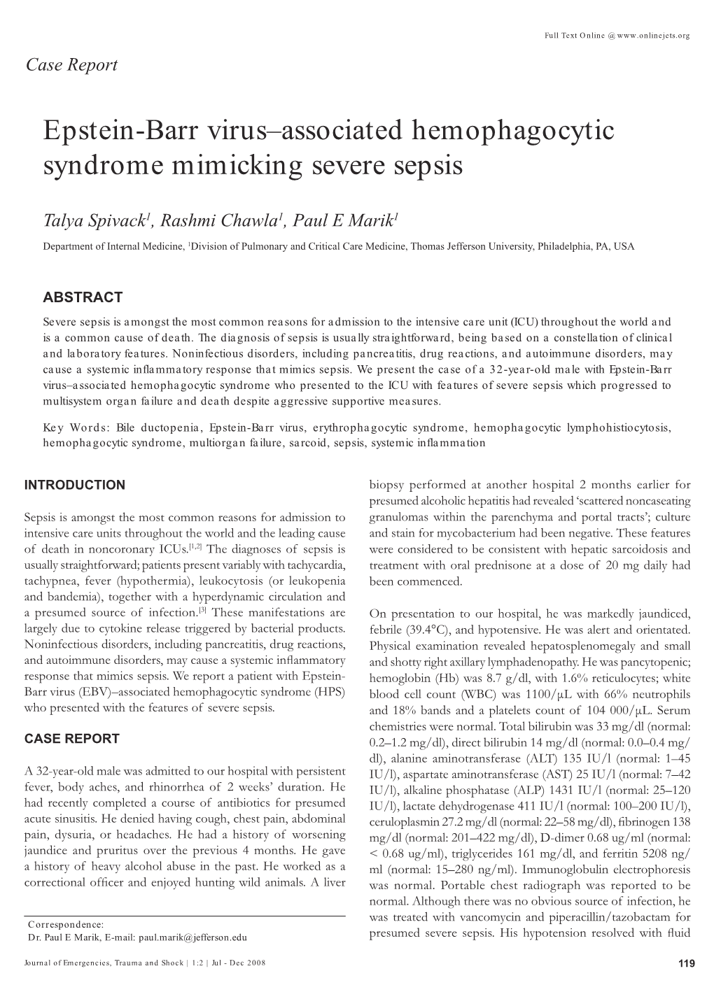 Epstein-Barr Virus–Associated Hemophagocytic Syndrome Mimicking Severe Sepsis