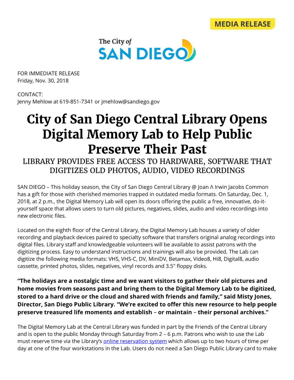 City of San Diego Central Library Opens Digital Memory Lab to Help