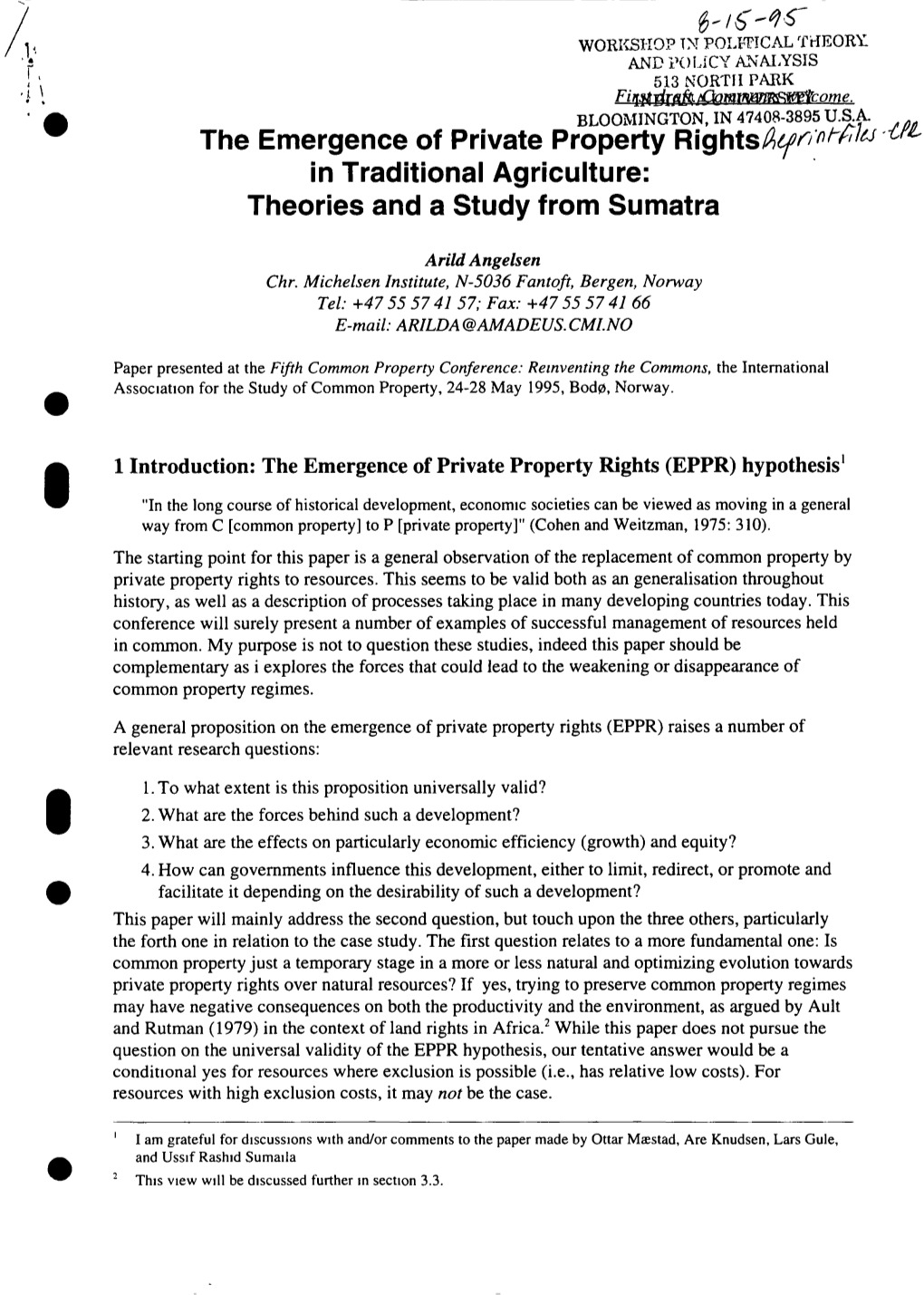 The Emergence of Private Property Rights/?^ in Traditional Agriculture: Theories and a Study from Sumatra