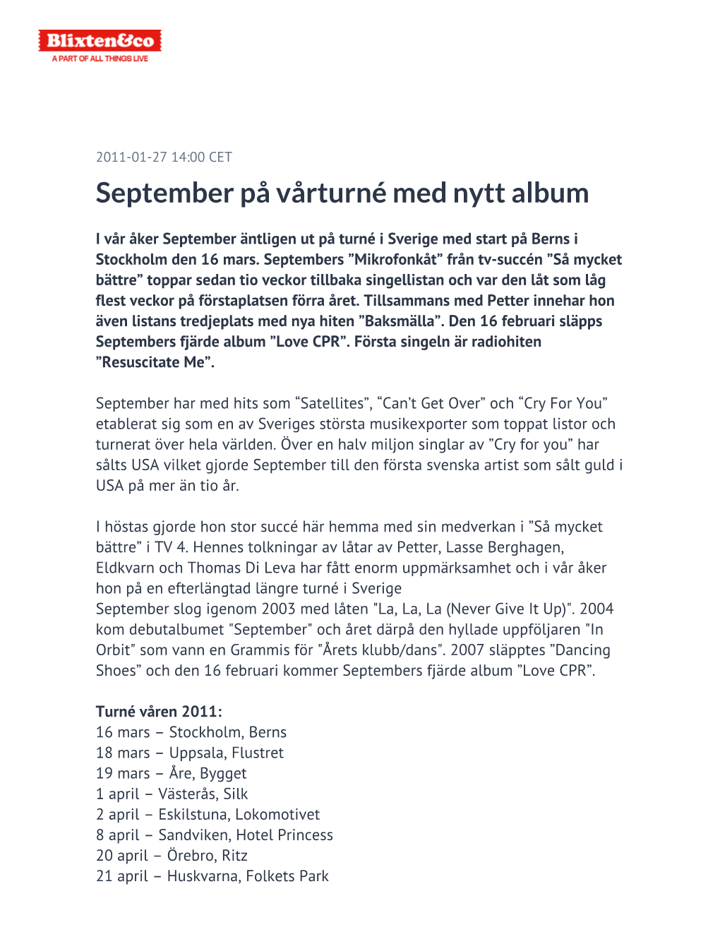 September På Vårturné Med Nytt Album