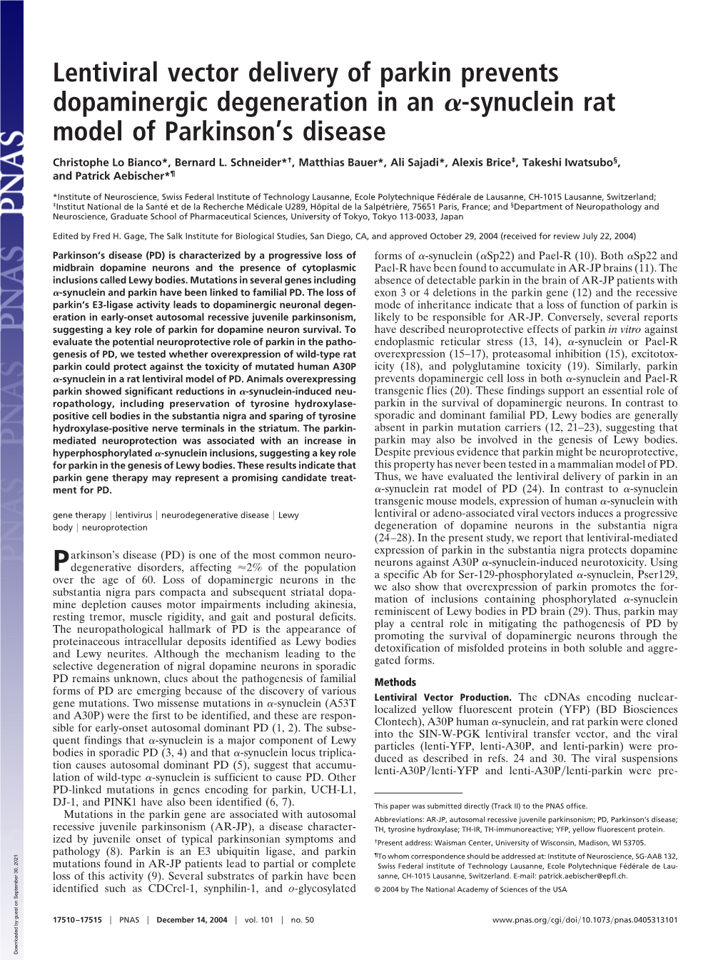 Synuclein Rat Model of Parkinson's Disease