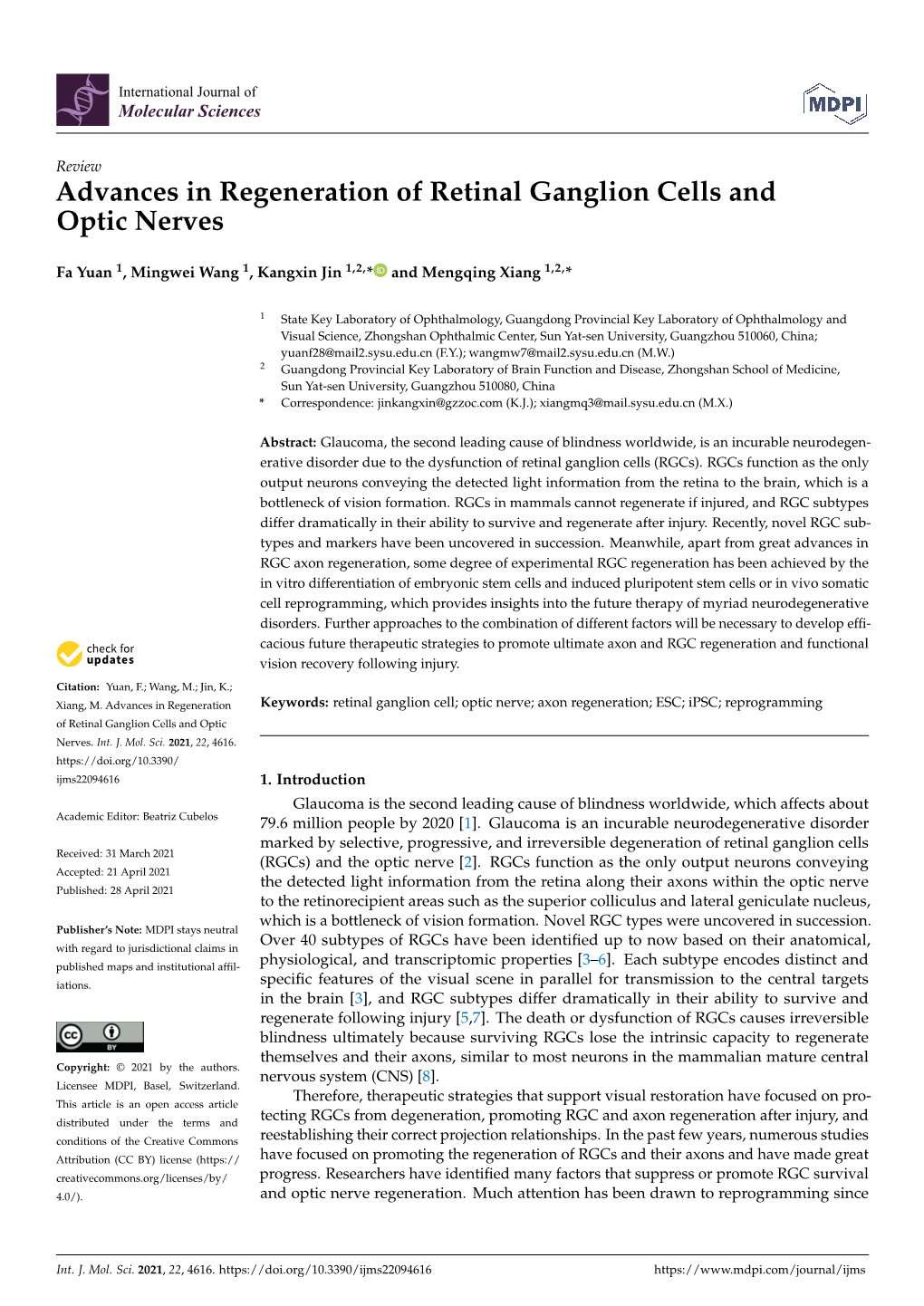 Advances in Regeneration of Retinal Ganglion Cells and Optic Nerves