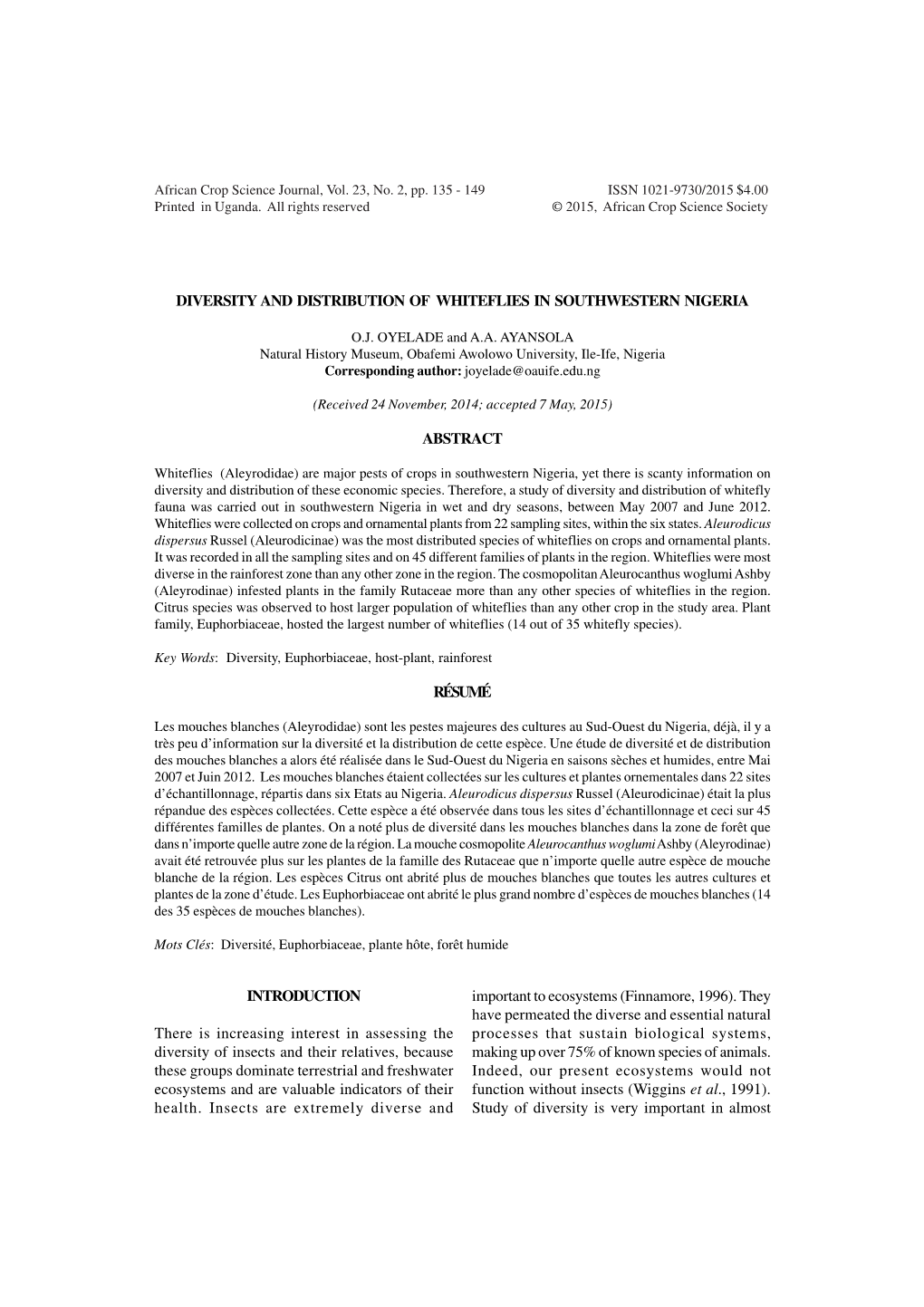 Diversity and Distribution of Whiteflies in Southwestern Nigeria