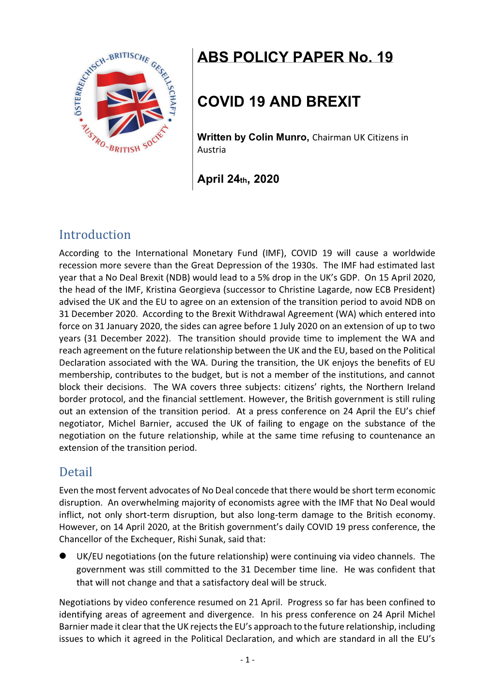 ABS POLICY PAPER No. 19 COVID 19 and BREXIT