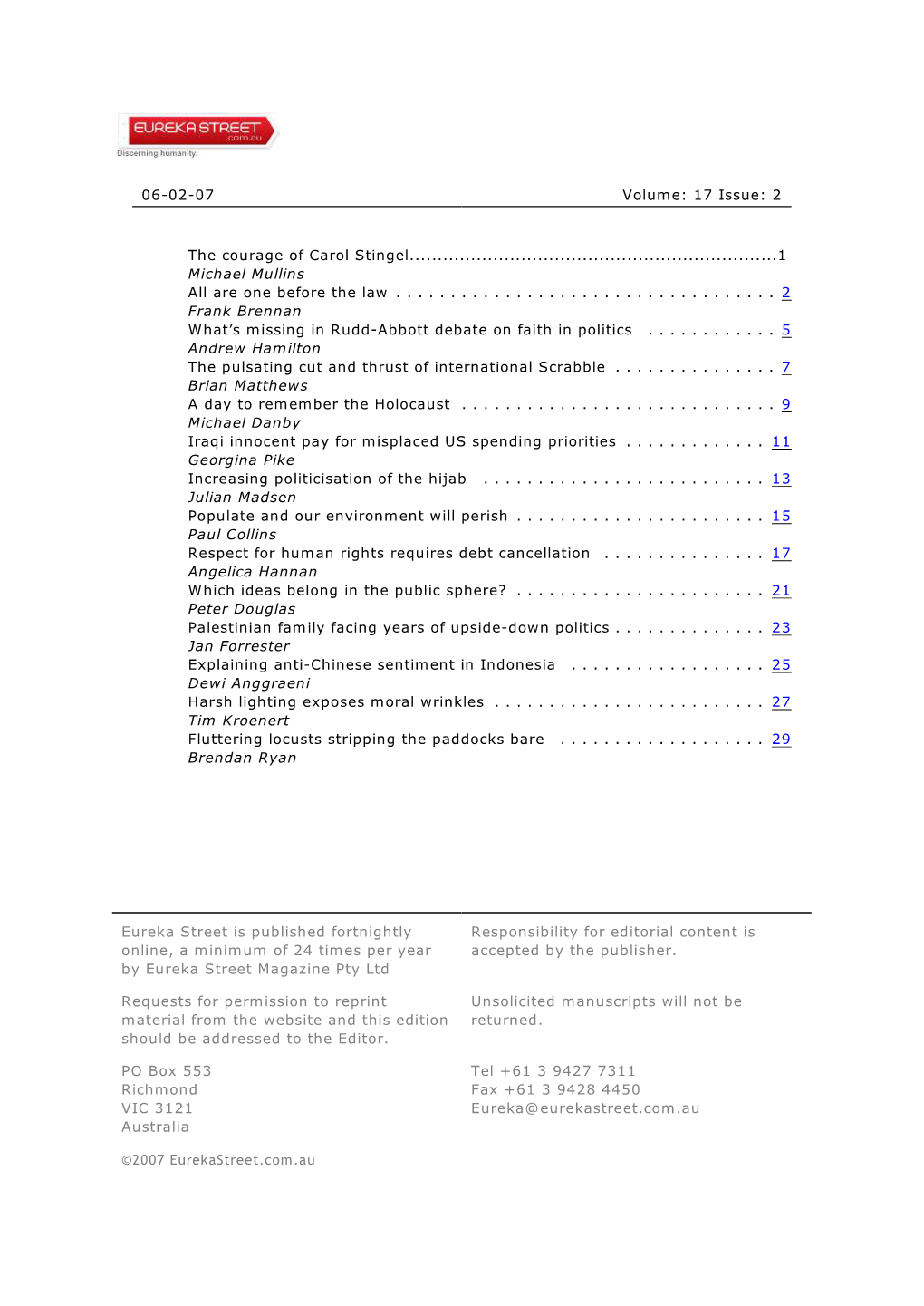 Eureka Street Is Published Fortnightly Online, a Minimum of 24 Times Per