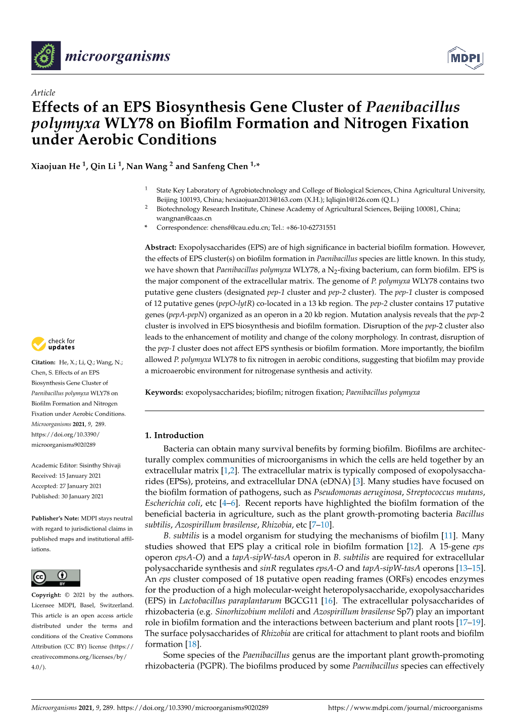 Effects of an EPS Biosynthesis Gene Cluster of Paenibacillus Polymyxa WLY78 on Bioﬁlm Formation and Nitrogen Fixation Under Aerobic Conditions