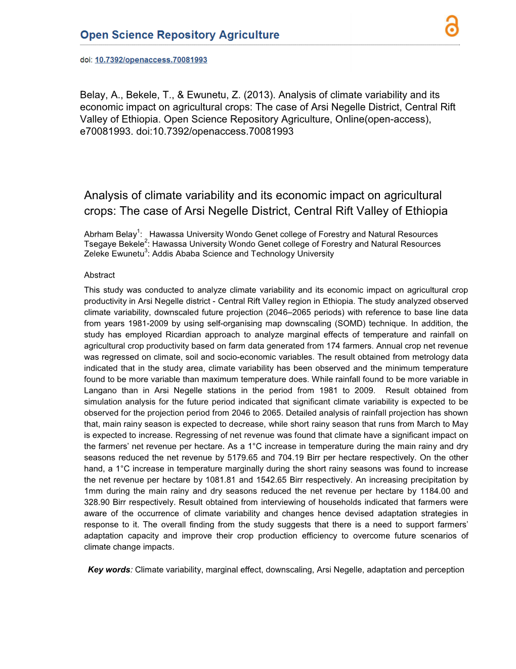 Analysis of Climate Variability and Its Economic Impact on Agricultural Crops: the Case of Arsi Negelle District, Central Rift Valley of Ethiopia