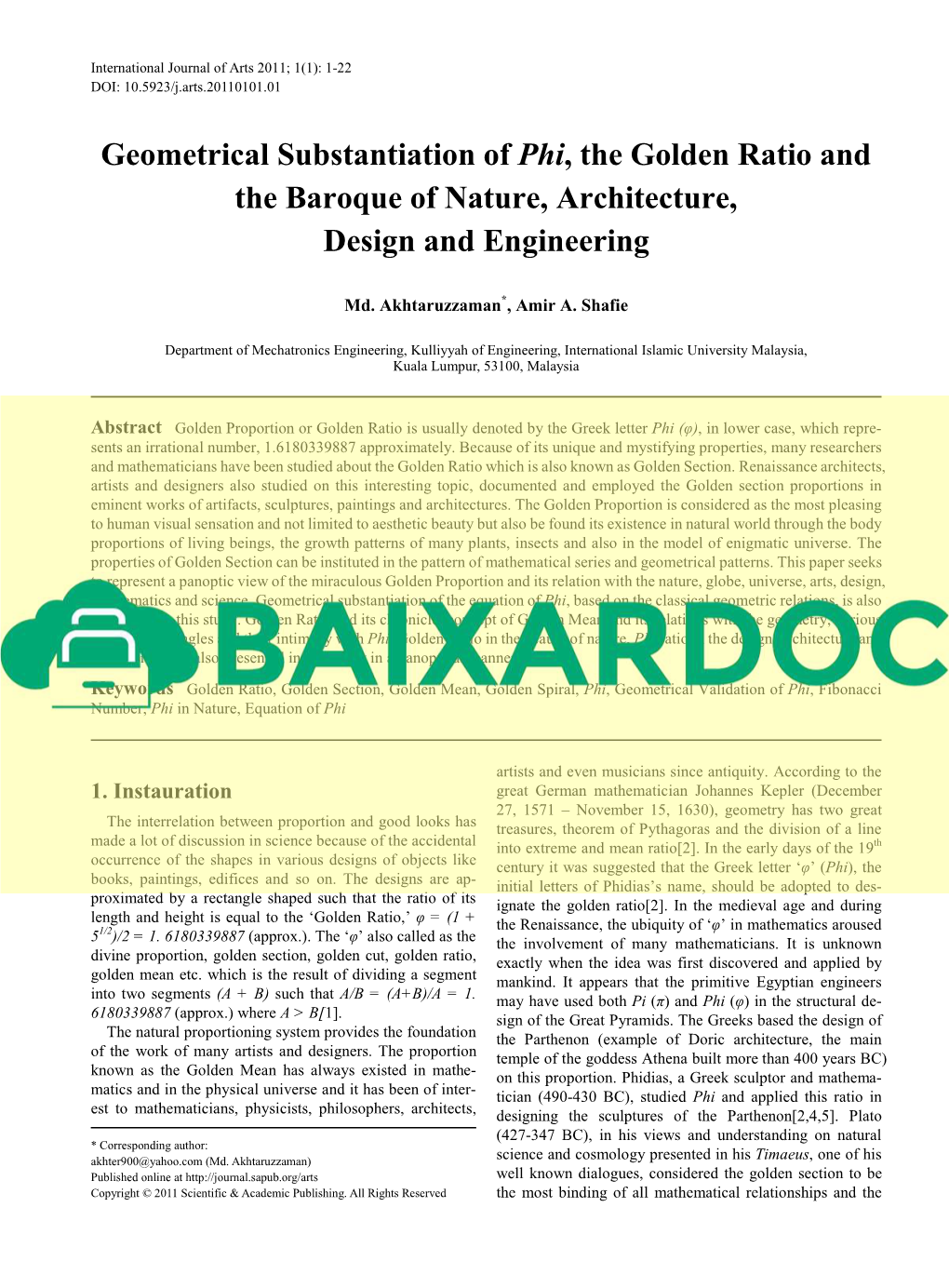 Golden Ratio and the Baroque of Nature, Architecture, Design and Engineering