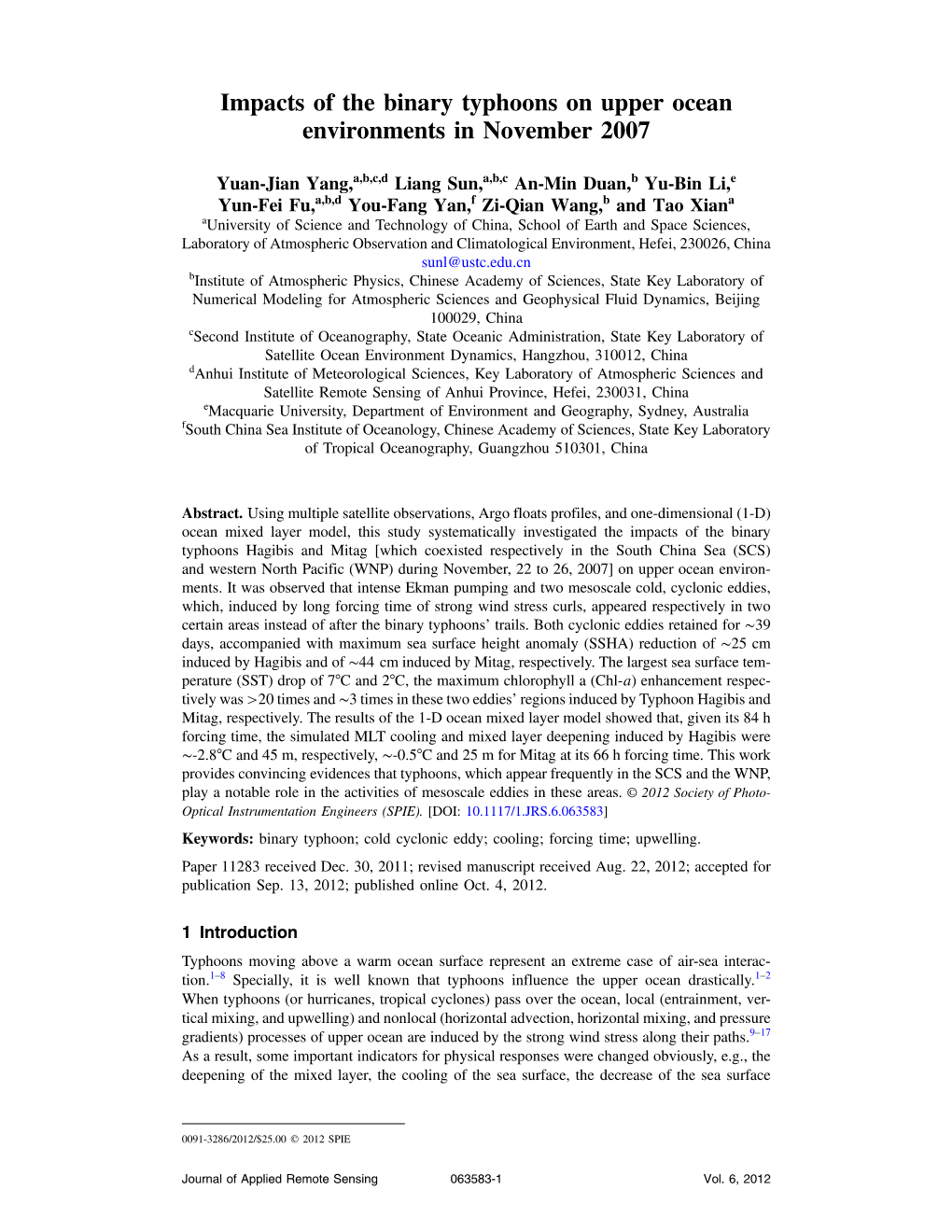 Impacts of the Binary Typhoons on Upper Ocean Environments in November 2007