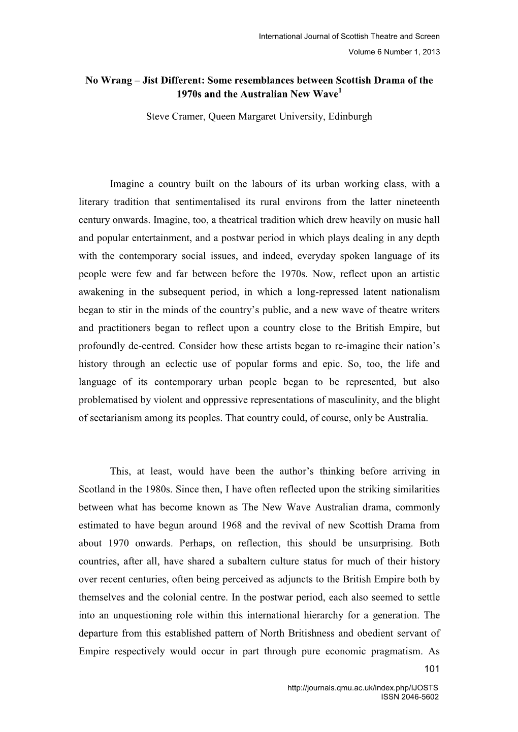 International Journal of Scottish Theatre and Screen Volume 6 Number 1, 2013