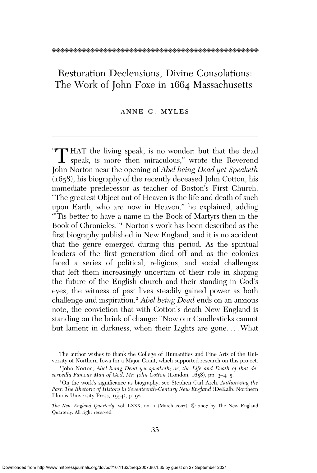 Restoration Declensions, Divine Consolations: the Work of John Foxe in 1664 Massachusetts