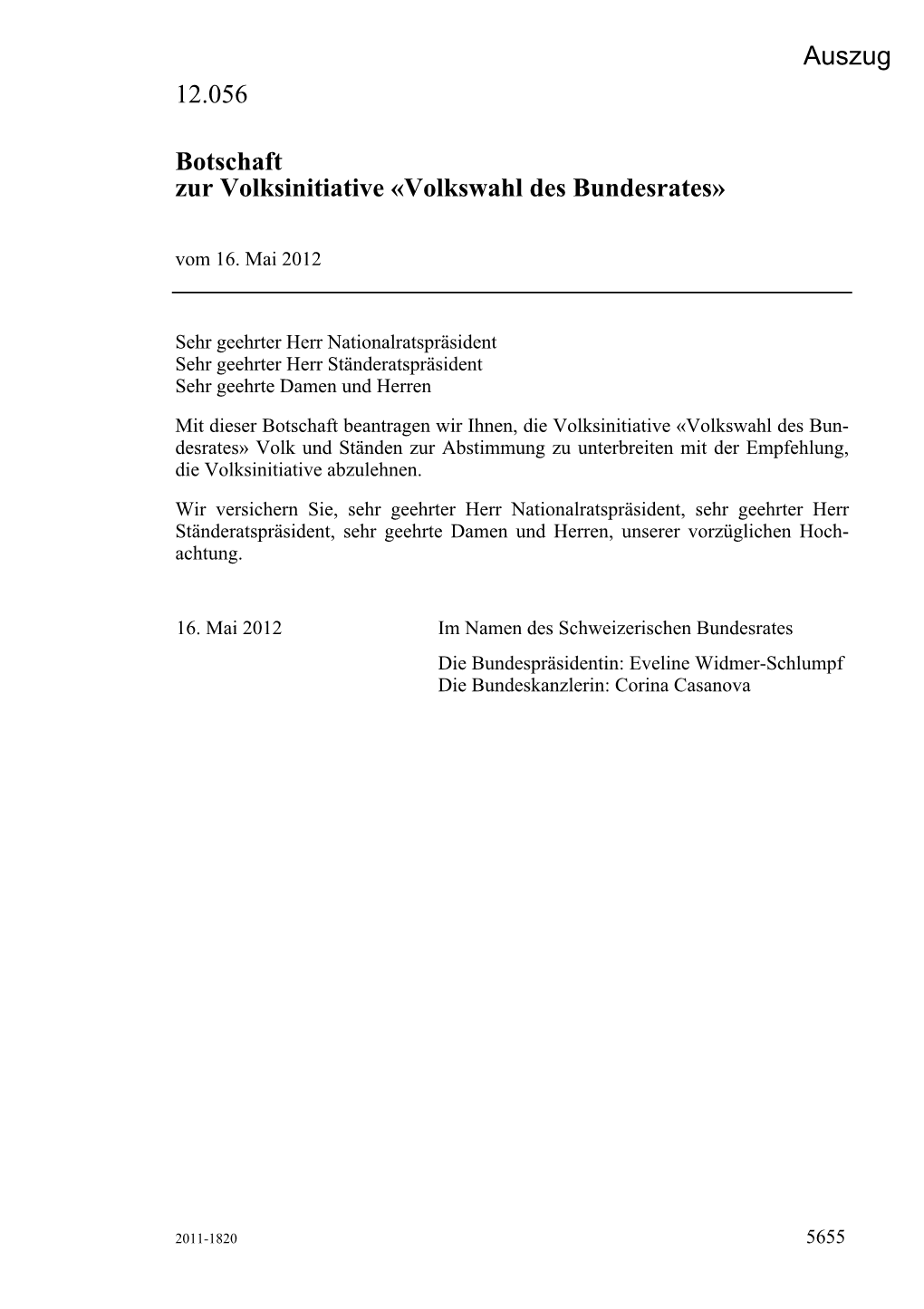 12.056 Botschaft Zur Volksinitiative «Volkswahl Des Bundesrates