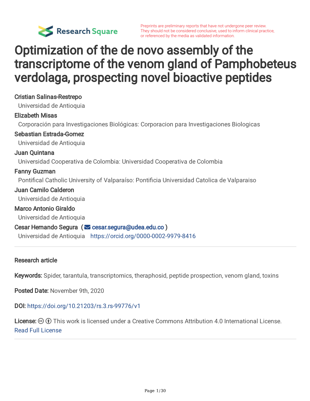 Optimization of the De Novo Assembly of the Transcriptome of the Venom Gland of Pamphobeteus Verdolaga, Prospecting Novel Bioactive Peptides