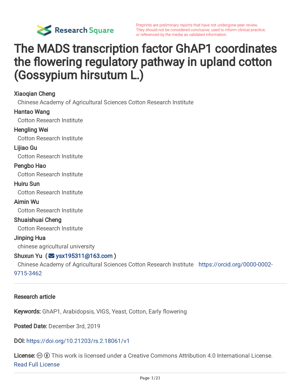 The MADS Transcription Factor Ghap1 Coordinates the Flowering Regulatory Pathway in Upland Cotton