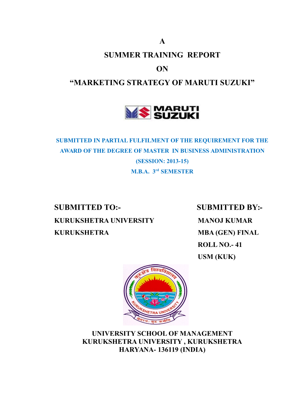 A Summer Training Report on “Marketing Strategy of Maruti Suzuki”
