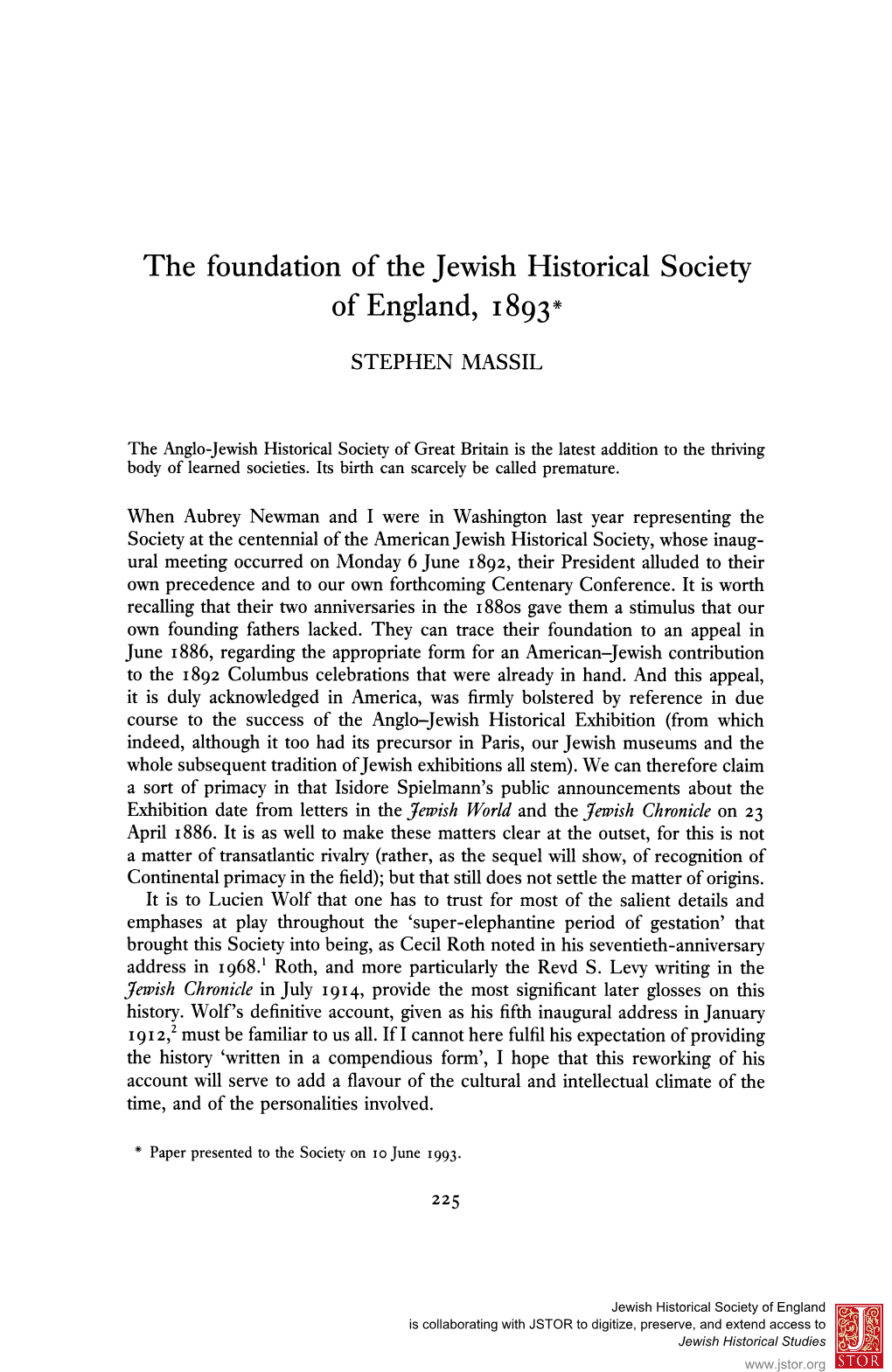 The Foundation of the Jewish Historical Society of England, 1893