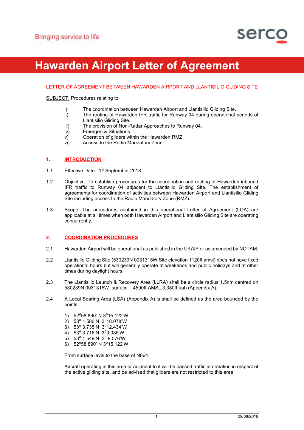 Memo Hawarden Airport Letter of Agreement