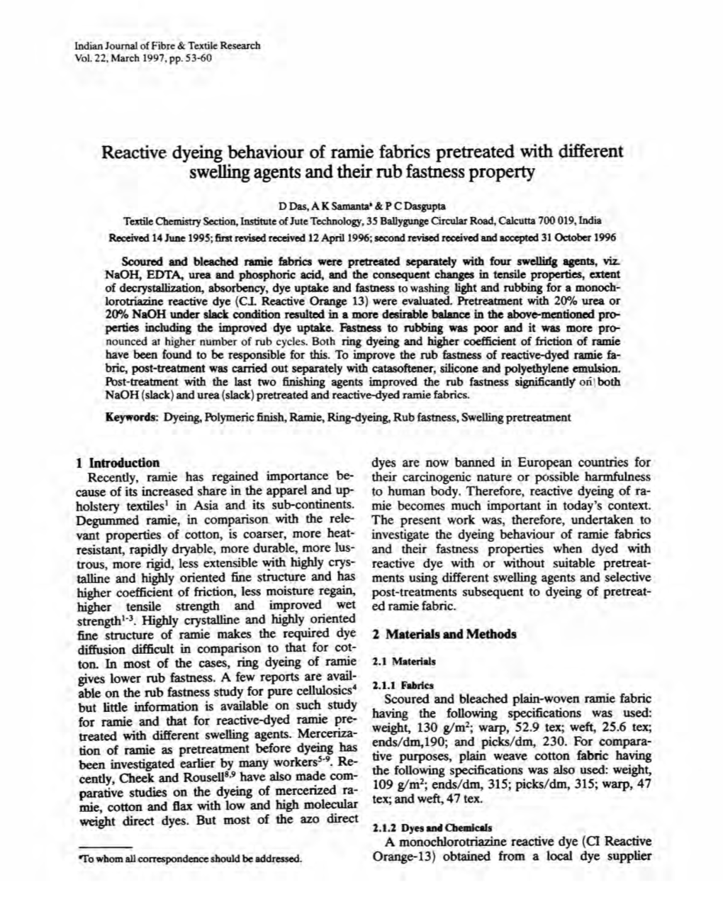 Reactive Dyeing Behaviour of Ramie Fabrics Pretreated with Different Swelling Agents and Their Rub Fastness Property