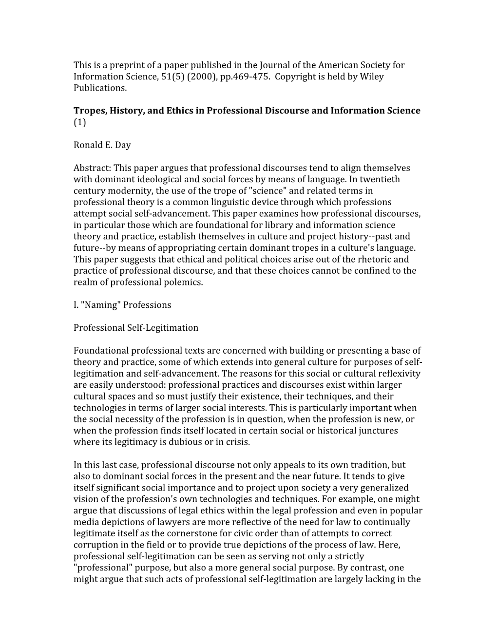 This Is a Preprint of a Paper Published in the Journal of the American Society for Information Science, 51(5) (2000), Pp.469‐475