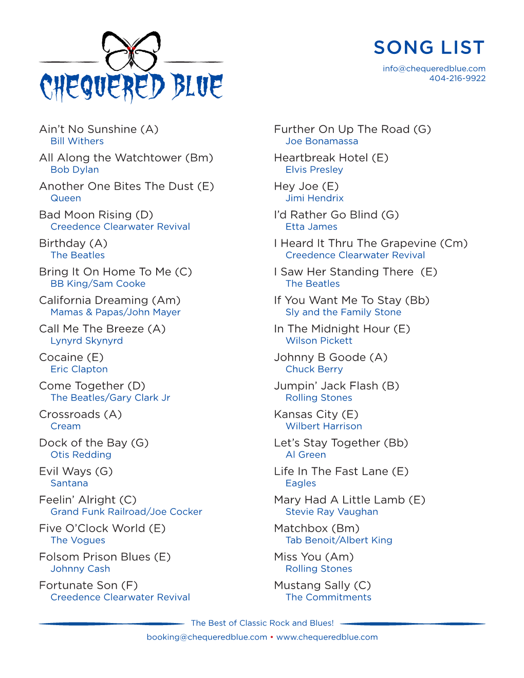 SONG LIST Info@Chequeredblue.Com 404-216-9922