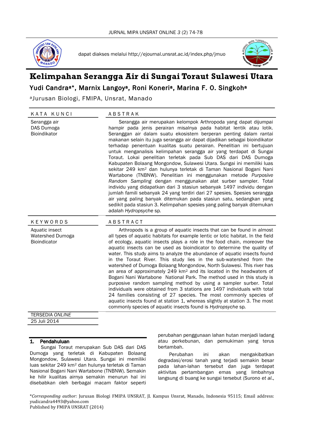 Kelimpahan Serangga Air Di Sungai Toraut Sulawesi Utara Yudi Candraa*, Marnix Langoya, Roni Koneria, Marina F